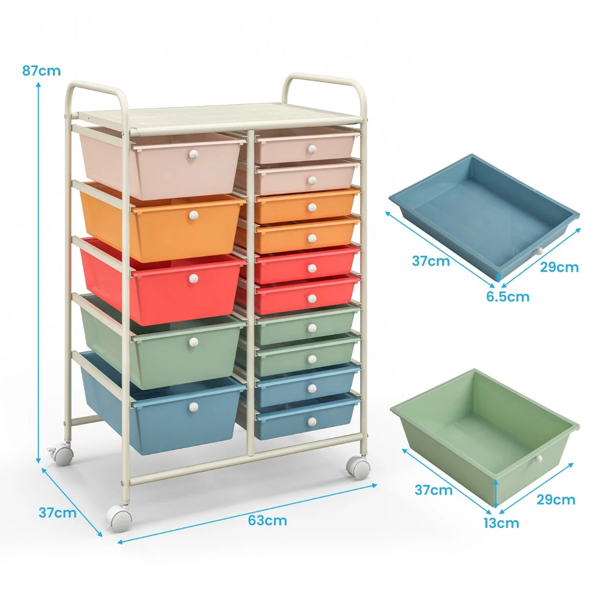 15-Drawer Utility Rolling Organizer Cart Multi-Use Storage-Deep Multicolor