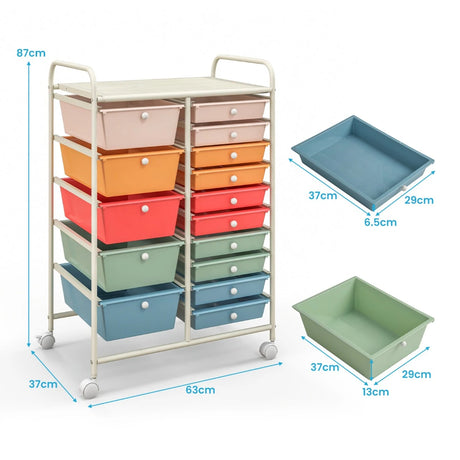 15-Drawer Utility Rolling Organizer Cart Multi-Use Storage-Deep Multicolor