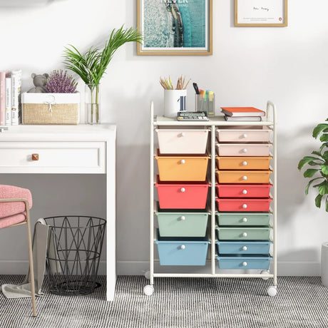 15-Drawer Utility Rolling Organizer Cart Multi-Use Storage-Deep Multicolor