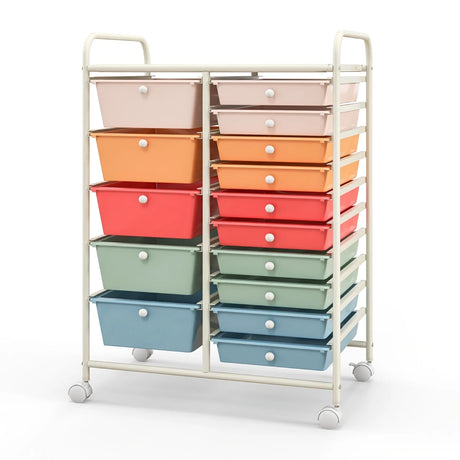 15-Drawer Utility Rolling Organizer Cart Multi-Use Storage-Deep Multicolor