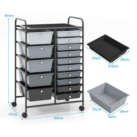 15 Drawer Rolling Storage Cart with 4 Wheels for Beauty Salon-Gradient Black With Black Frame
