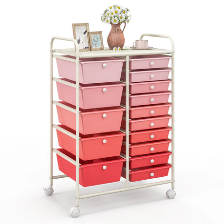 15-Drawer Utility Rolling Organizer Cart Multi-Use Storage-Pink