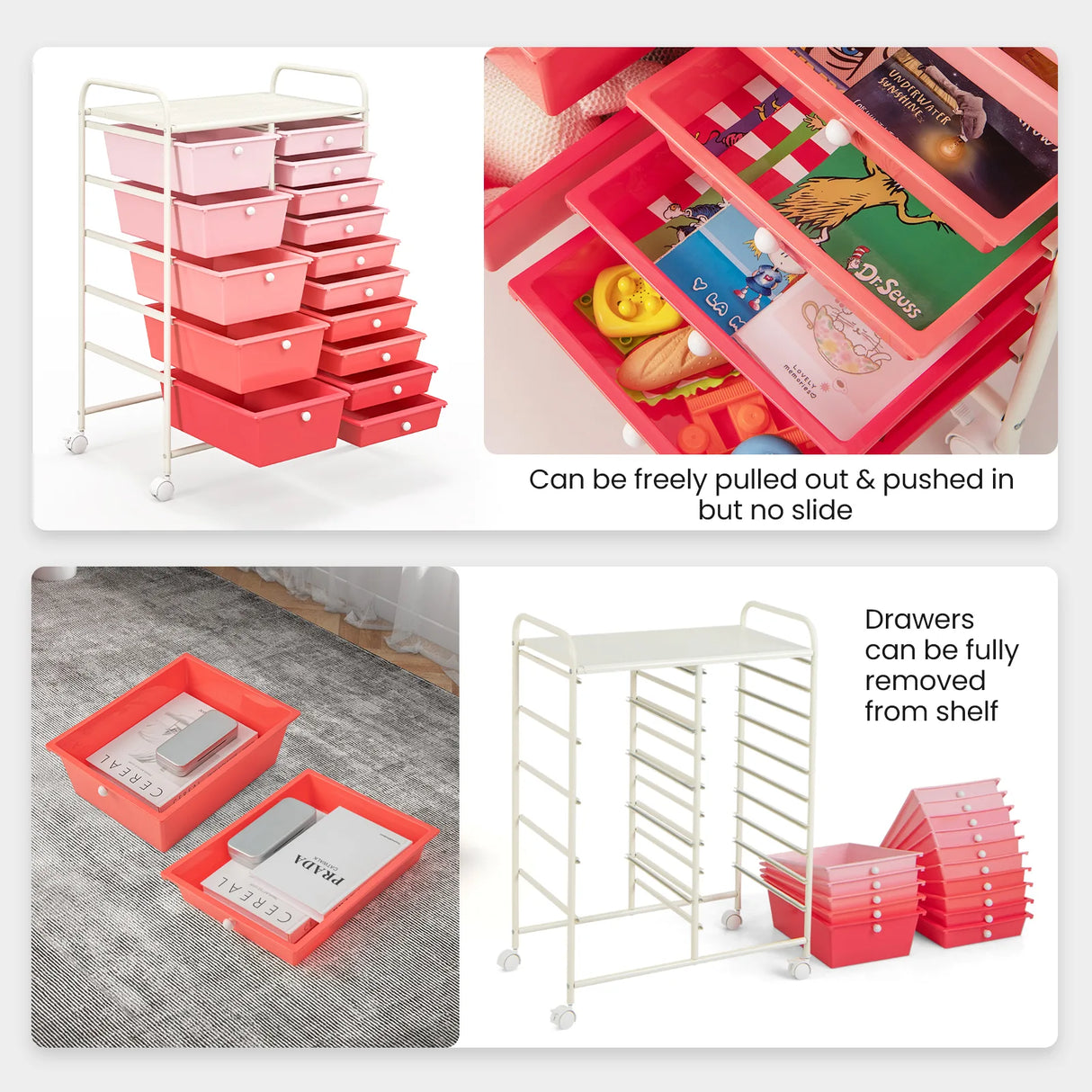15-Drawer Utility Rolling Organizer Cart Multi-Use Storage-Pink
