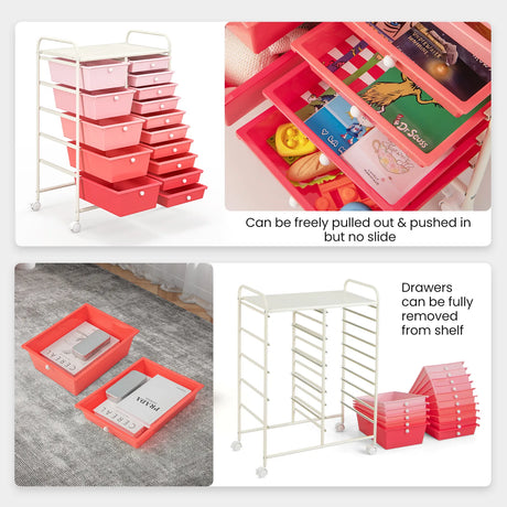 15-Drawer Utility Rolling Organizer Cart Multi-Use Storage-Pink