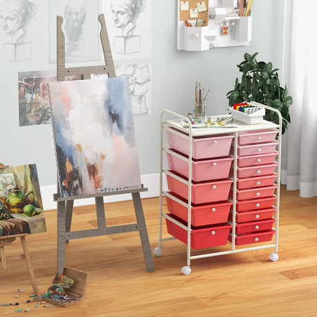 15-Drawer Utility Rolling Organizer Cart Multi-Use Storage-Pink