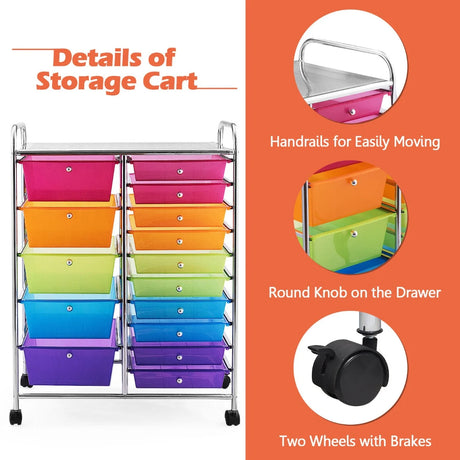 15 Drawer Rolling Storage Cart with Wheels for Home Office Multi-color