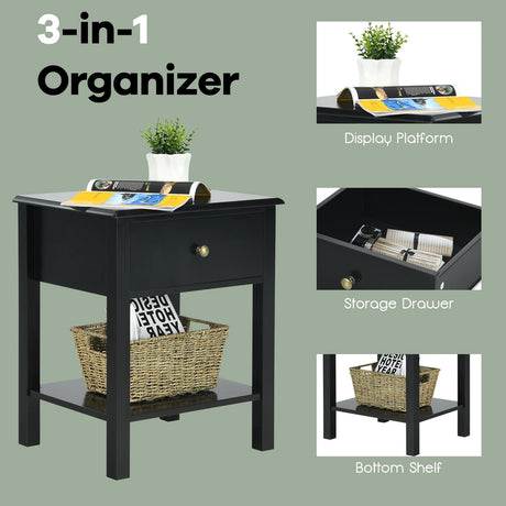 Modern Nightstand with Drawer and Shelf for Bedroom-Black