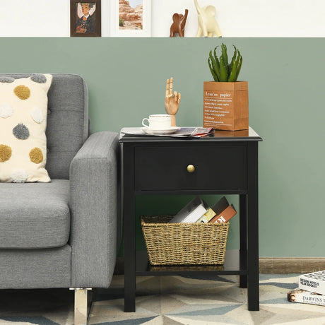 Modern Nightstand with Drawer and Shelf for Bedroom-Black