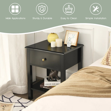 Modern Nightstand with Drawer and Shelf for Bedroom-Black
