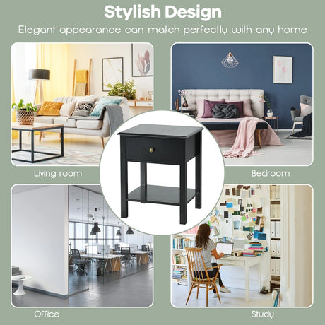 Modern Nightstand with Drawer and Shelf for Bedroom-Black