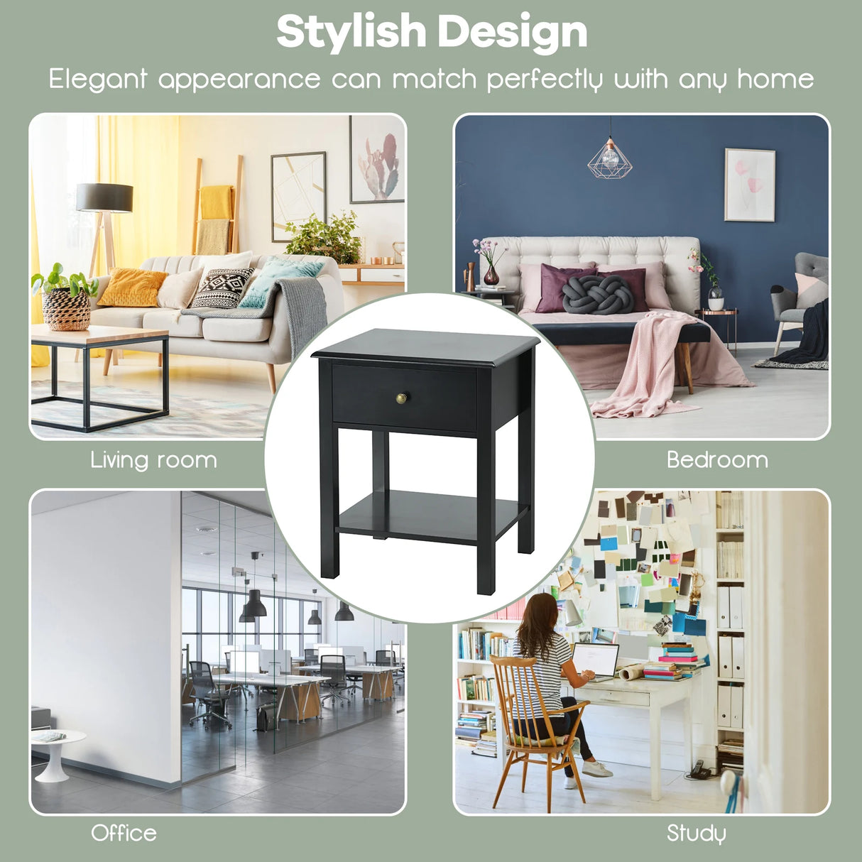 Modern Nightstand with Drawer and Shelf for Bedroom-Black