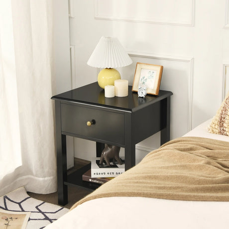 Modern Nightstand with Drawer and Shelf for Bedroom-Black