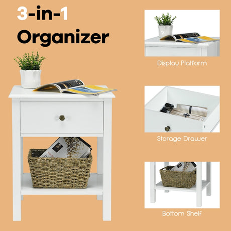 Modern Nightstand with Drawer and Shelf for Bedroom-White