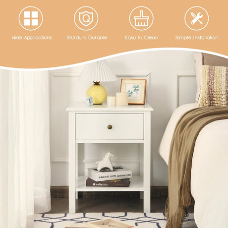 Modern Nightstand with Drawer and Shelf for Bedroom-White