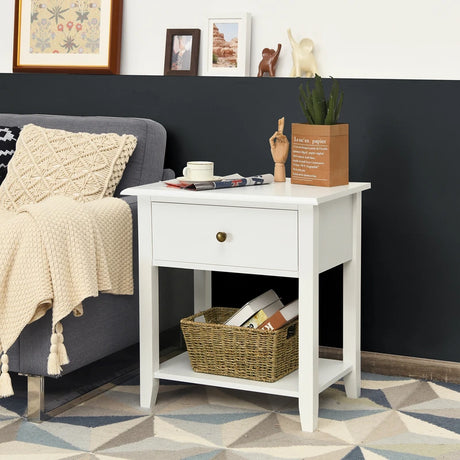 Modern Nightstand with Drawer and Shelf for Bedroom-White