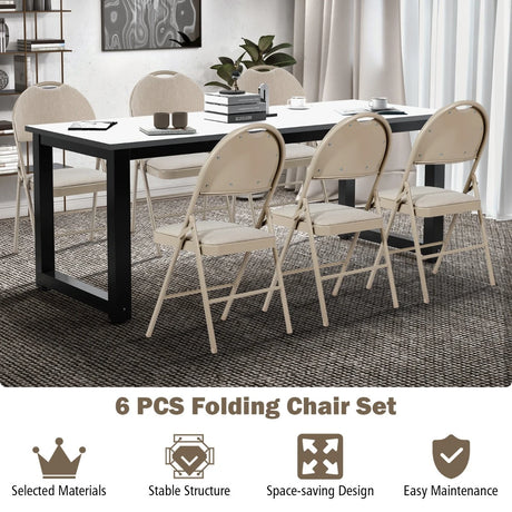 6 Pack Folding Chairs Portable Padded Office Kitchen Dining Chairs-Beige