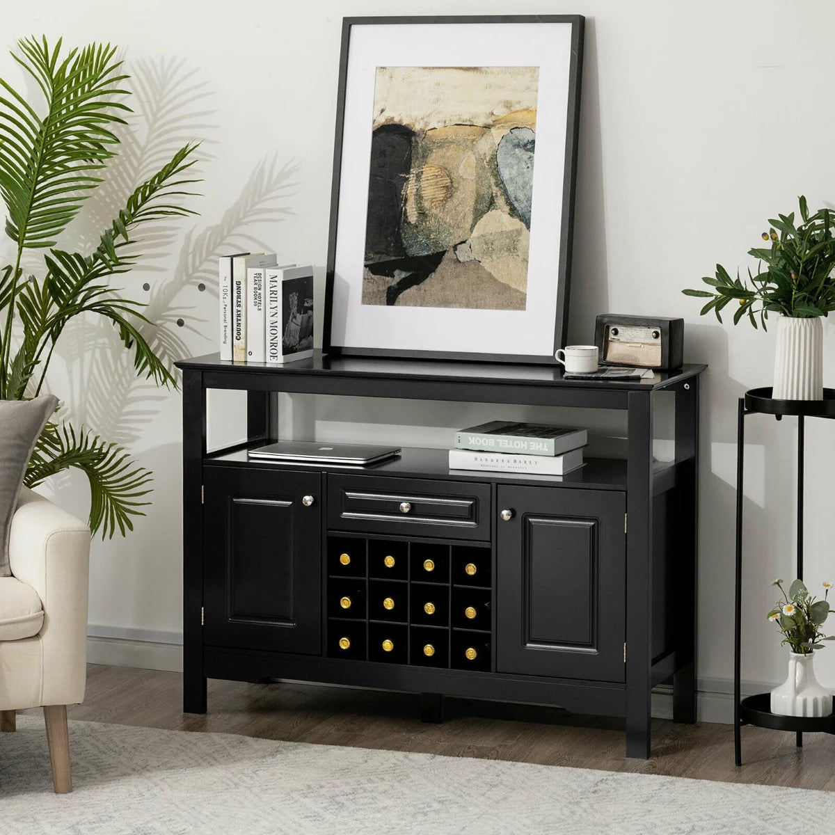 Modern Dining Buffet Cabinet with Wine Rack &amp; 2 Cabinets &amp; Drawer-Black