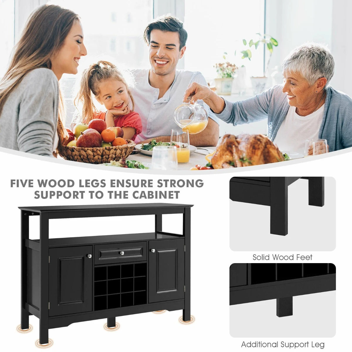 Modern Dining Buffet Cabinet with Wine Rack &amp; 2 Cabinets &amp; Drawer-Black