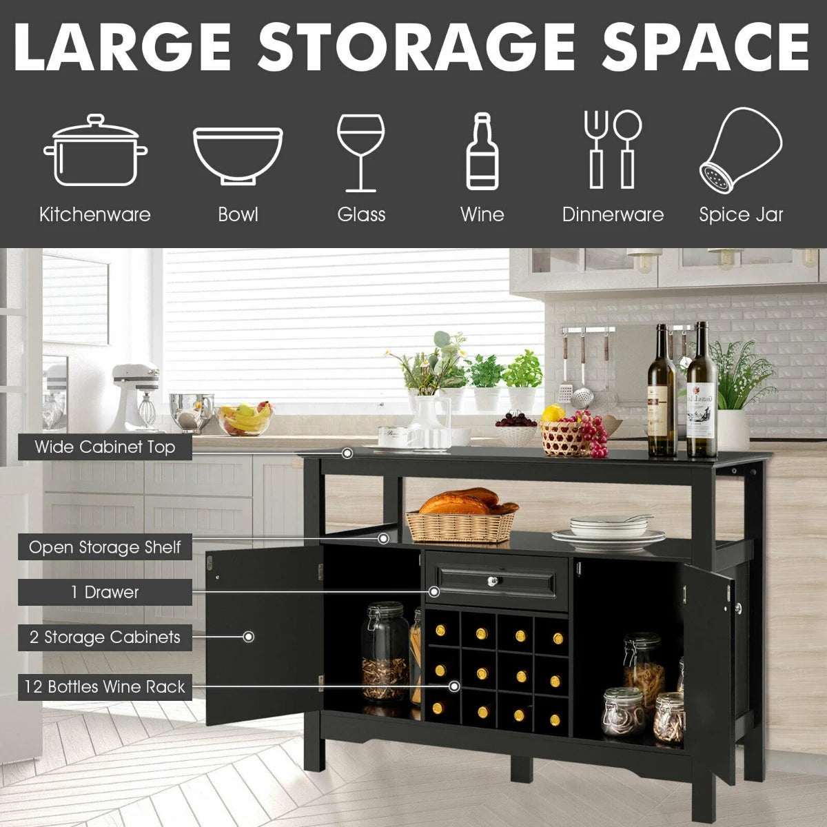 Modern Dining Buffet Cabinet with Wine Rack &amp; 2 Cabinets &amp; Drawer-Black