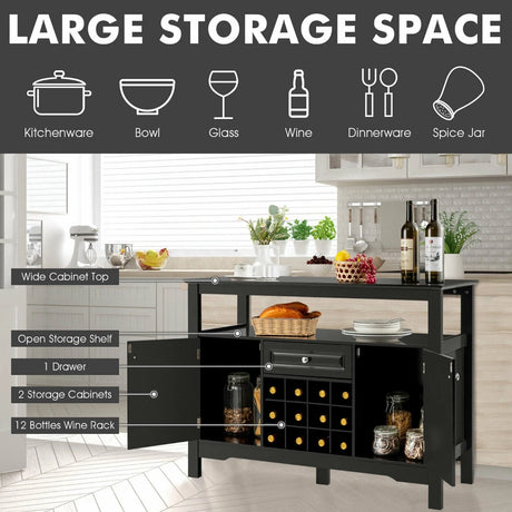 Modern Dining Buffet Cabinet with Wine Rack &amp; 2 Cabinets &amp; Drawer-Black