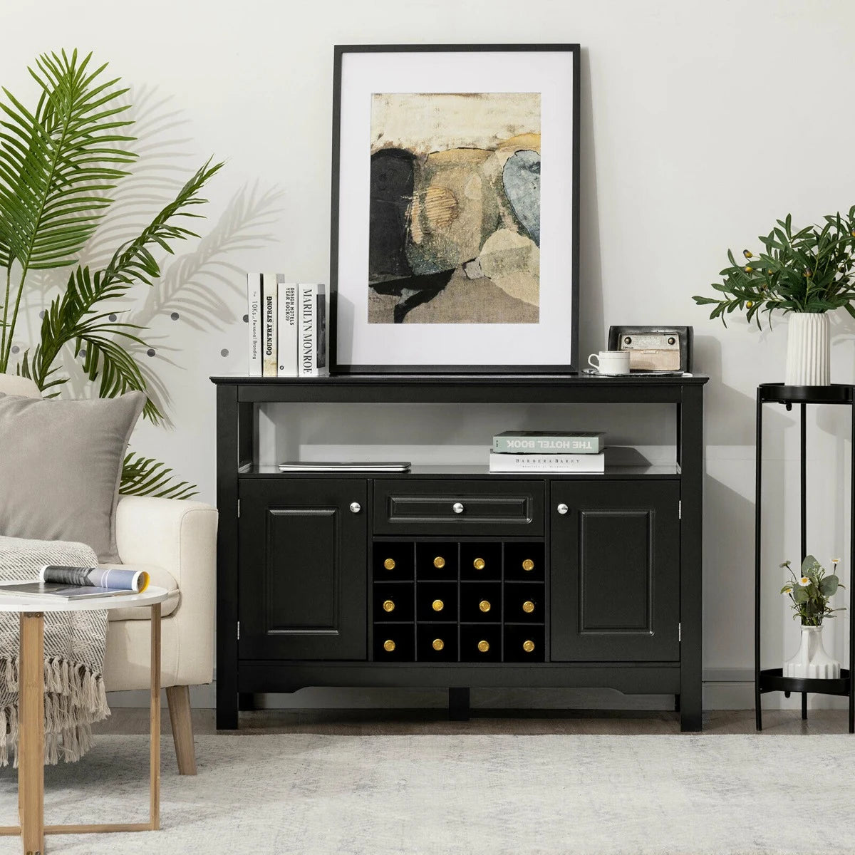 Modern Dining Buffet Cabinet with Wine Rack &amp; 2 Cabinets &amp; Drawer-Black