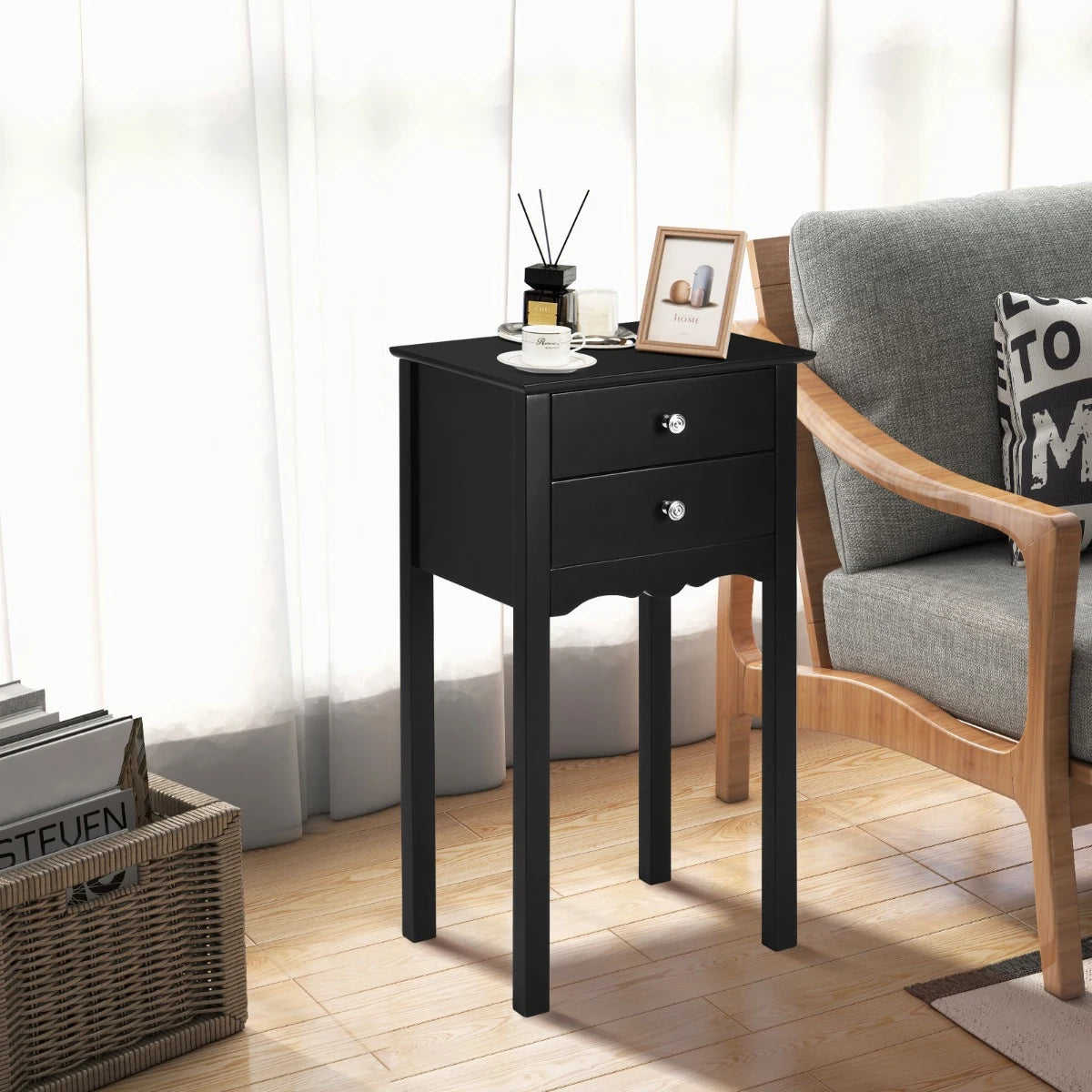 Side Table End Accent Table with 2 Drawers-Black