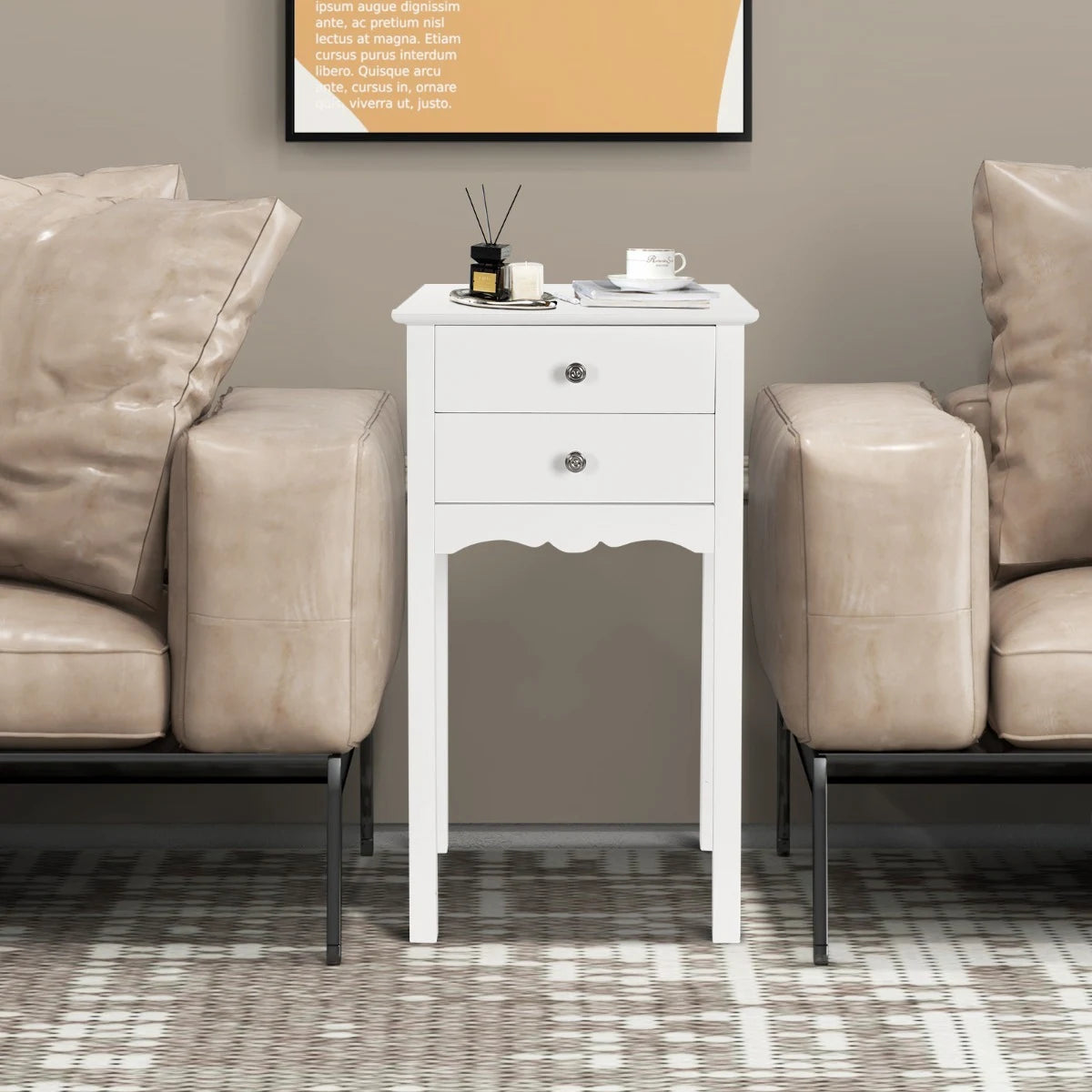 Side Table End Accent Table w/ 2 Drawers-White