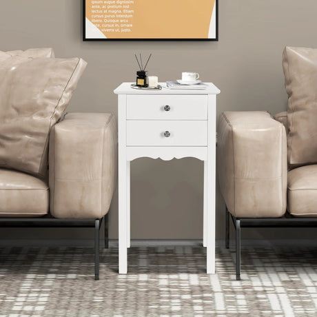 Side Table End Accent Table w/ 2 Drawers-White