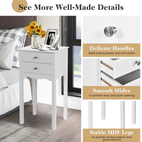 Side Table End Accent Table w/ 2 Drawers-White
