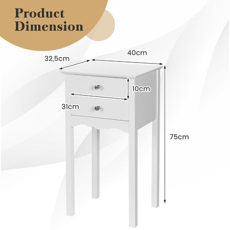 Side Table End Accent Table w/ 2 Drawers-White