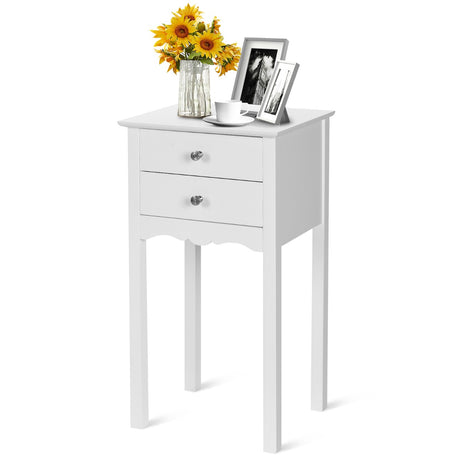Side Table End Accent Table w/ 2 Drawers-White