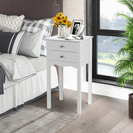 Side Table End Accent Table w/ 2 Drawers-White