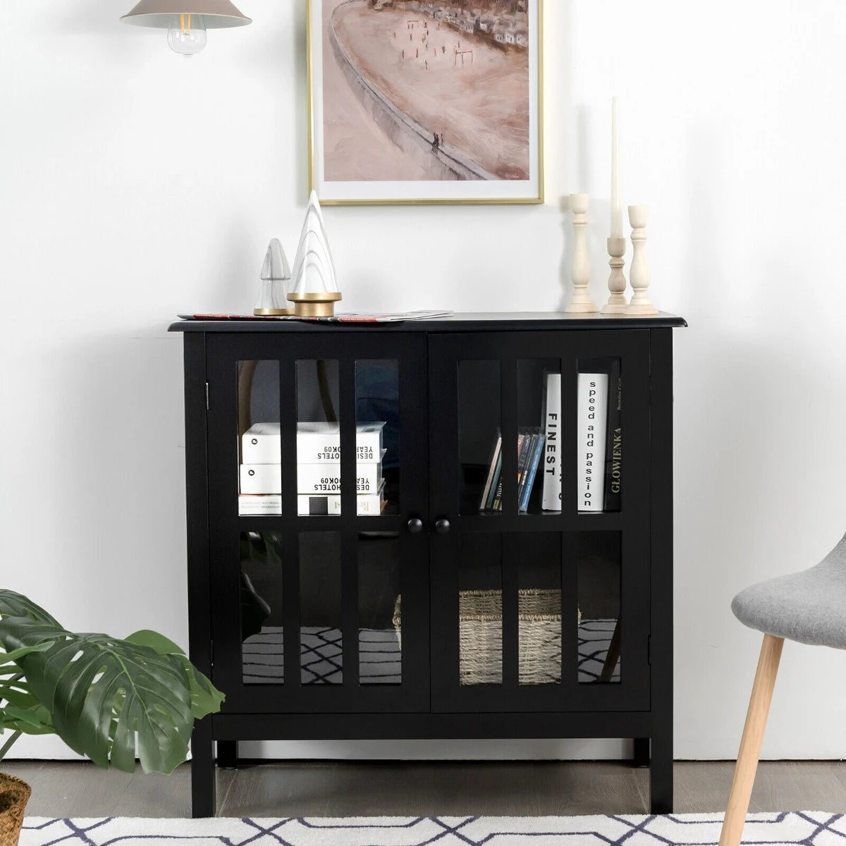 Modern Storage Cabinet with 2 Glass Doors for Living Room
