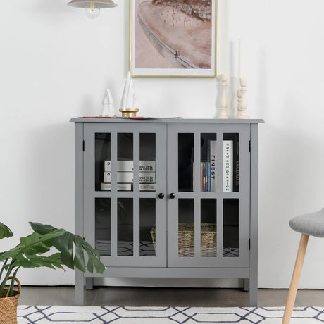 Modern Storage Cabinet with 2 Glass Doors for Living Room