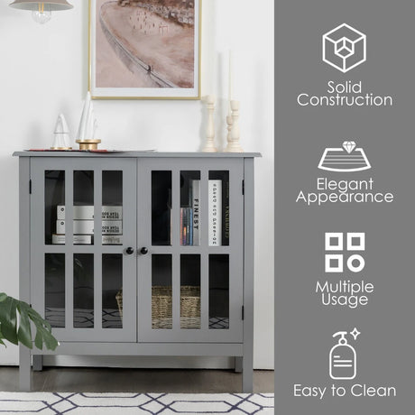 Modern Storage Cabinet with 2 Glass Doors for Living Room