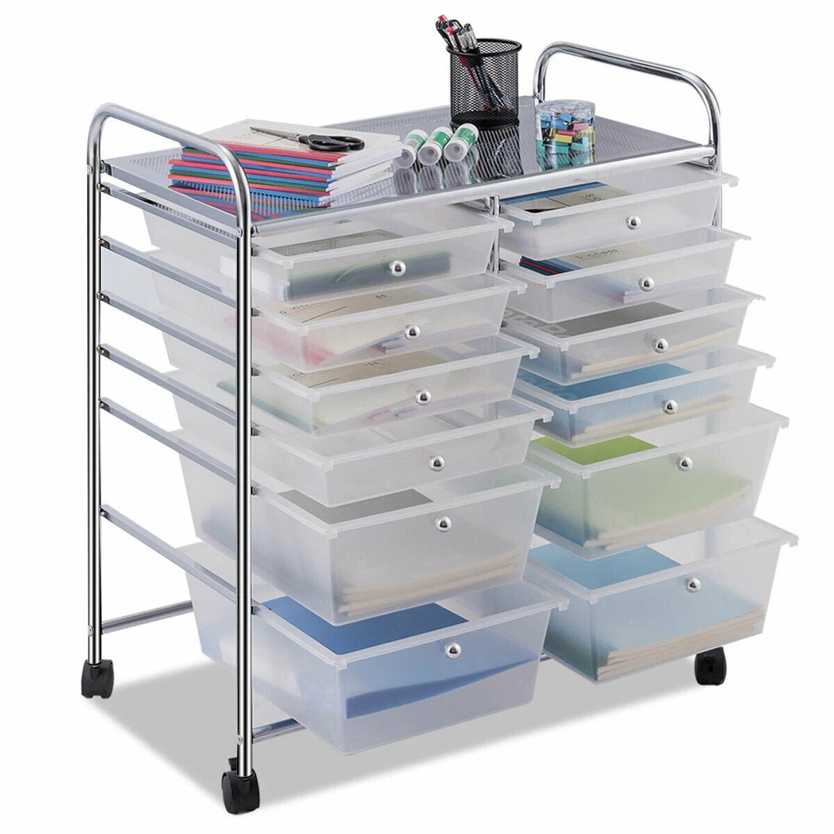 Movable 12-Drawer Storage Trolley with 2 lockable for Home Office Clear