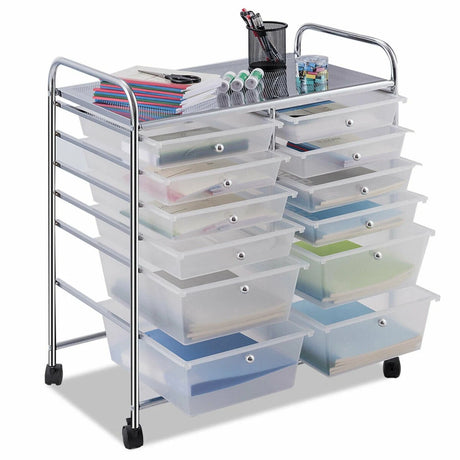 Movable 12-Drawer Storage Trolley with 2 lockable for Home Office Clear