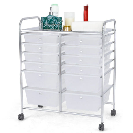 Movable 12-Drawer Storage Trolley with 2 lockable for Home Office Clear