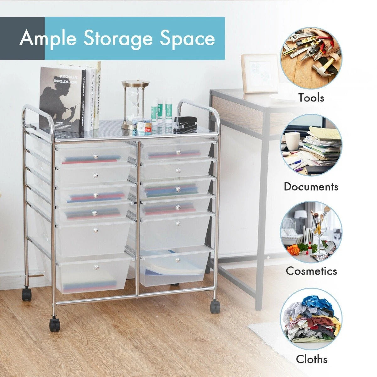 Movable 12-Drawer Storage Trolley with 2 lockable for Home Office Clear