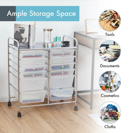 Movable 12-Drawer Storage Trolley with 2 lockable for Home Office Clear