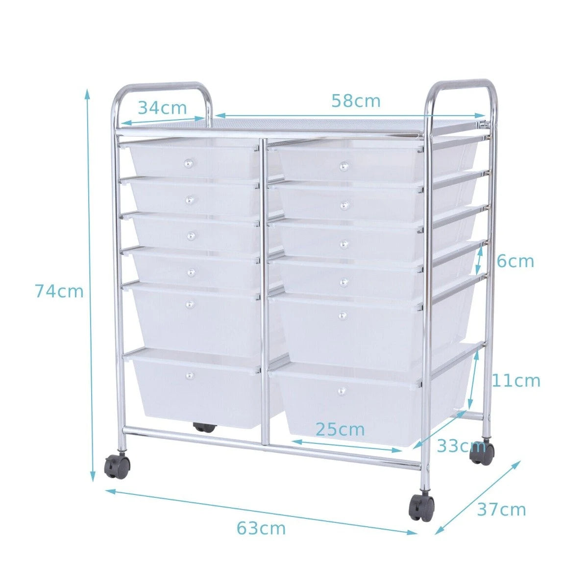 Movable 12-Drawer Storage Trolley with 2 lockable for Home Office Clear