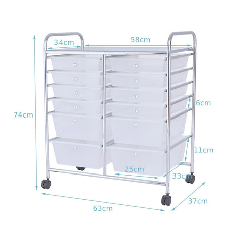 Movable 12-Drawer Storage Trolley with 2 lockable for Home Office Clear