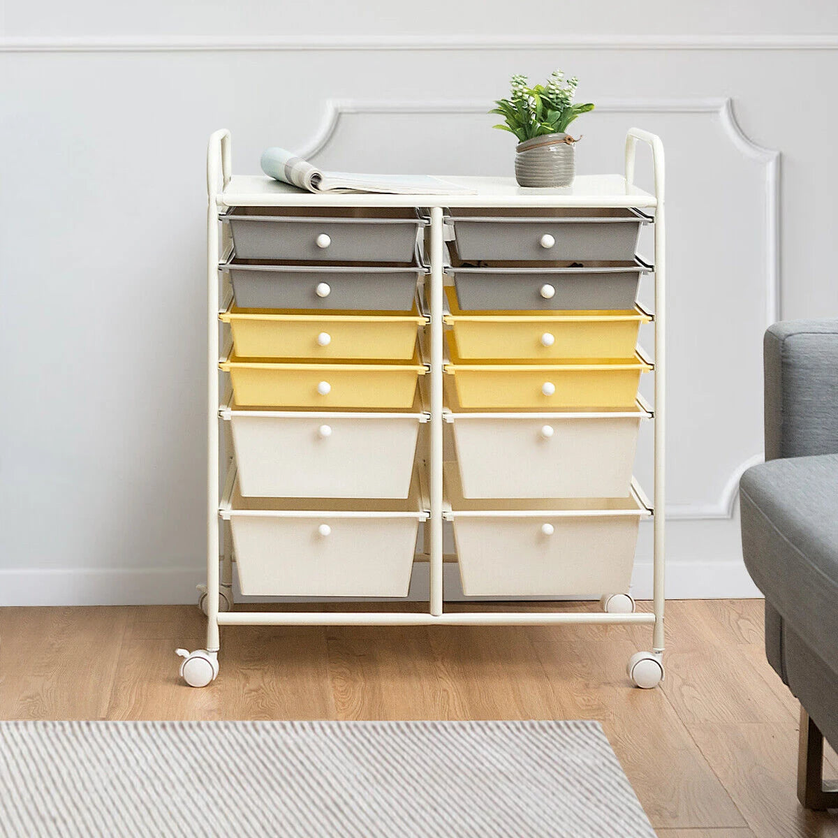 12 Drawers Rolling Cart Storage Scrapbook Paper Organizer Bins-Yellow