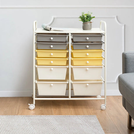 12 Drawers Rolling Cart Storage Scrapbook Paper Organizer Bins-Yellow