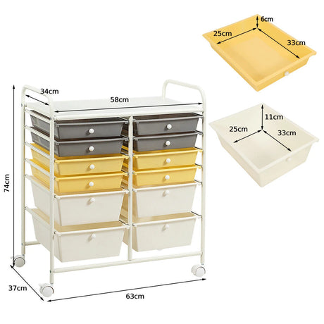 12 Drawers Rolling Cart Storage Scrapbook Paper Organizer Bins-Yellow