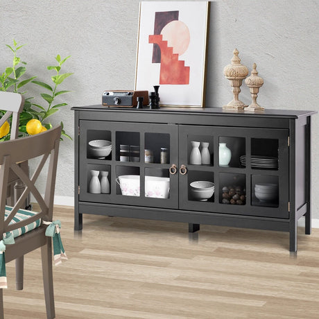 Modern Wooden TV Stand with Tempered Glass Doors for TVs up to 50''-Black