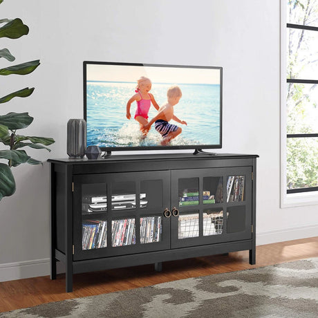 Modern Wooden TV Stand with Tempered Glass Doors for TVs up to 50''-Black