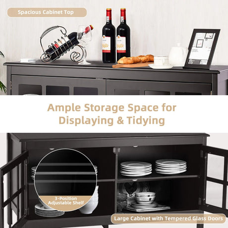 Modern Wooden TV Stand with Tempered Glass Doors for TVs up to 50''-Black