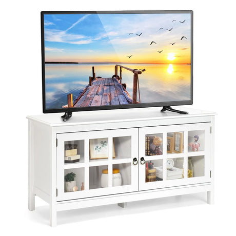 Modern Wooden TV Stand with Tempered Glass Doors for TVs up to 50''-White
