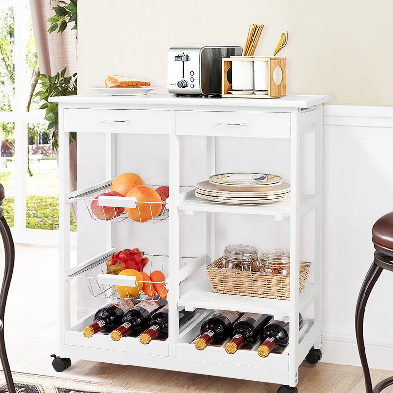 Rolling Wood Kitchen Trolley Cart Island Shelf w/ Storage Drawers Baskets New-White